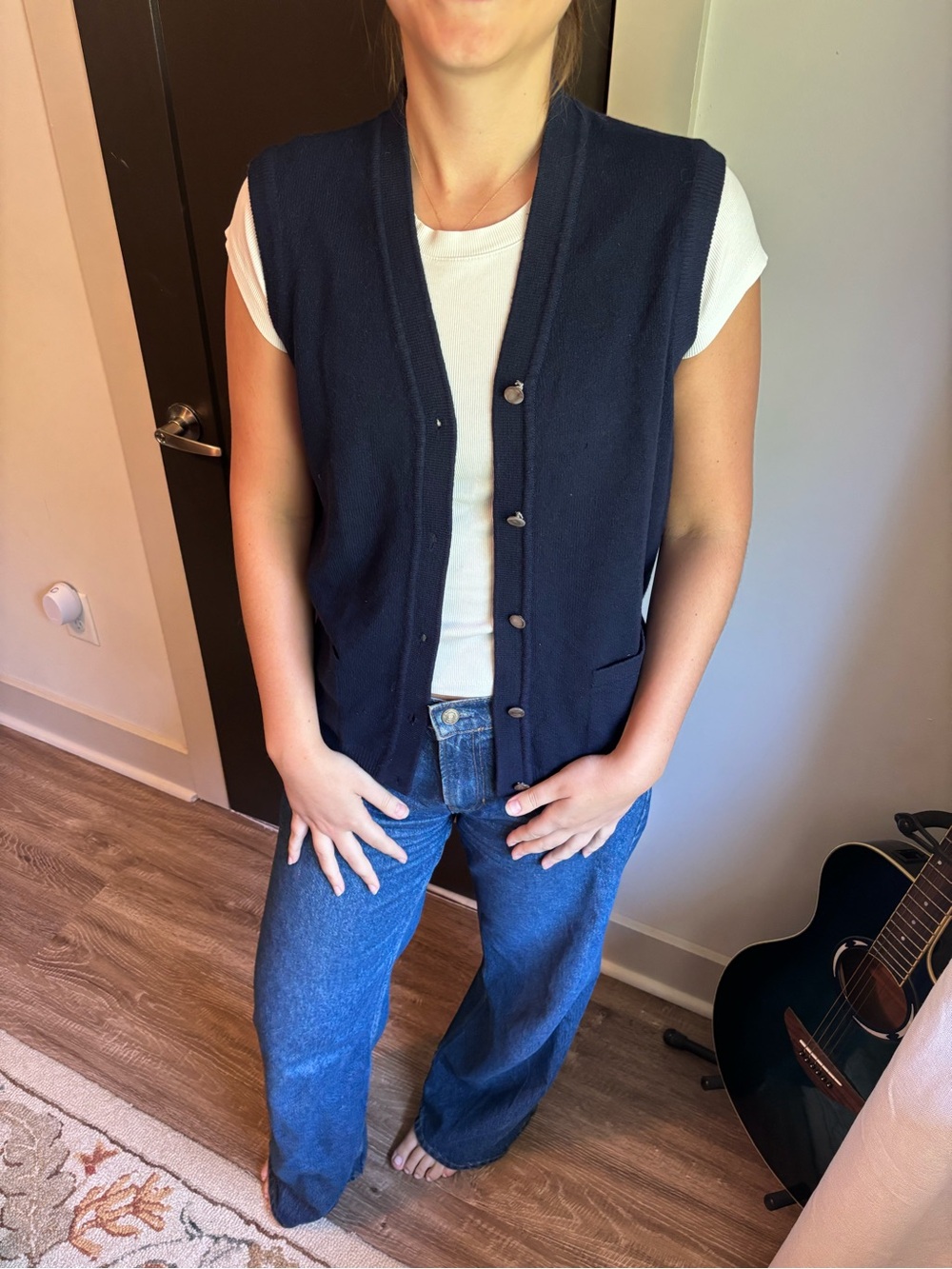 100% Cashmere Classic Navy Knit Button Vest - Women